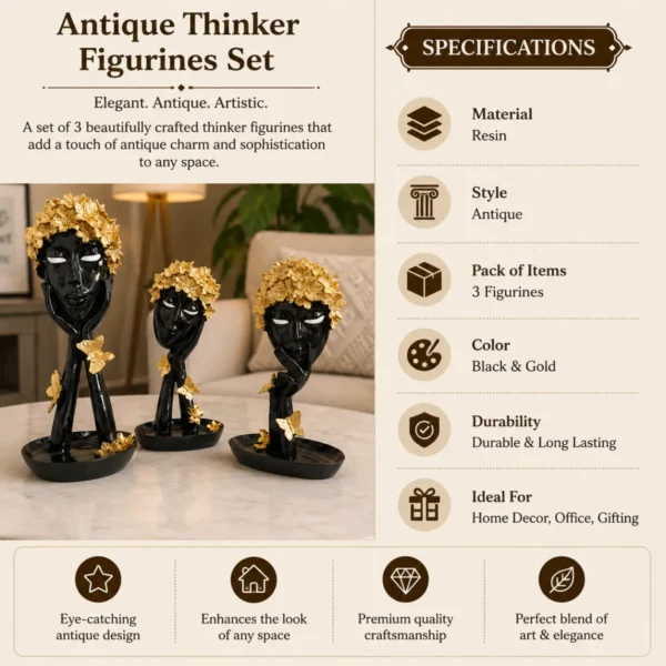 Butterfly lady face statue combo set specifications showing resin material antique style and pack of 3 figurines