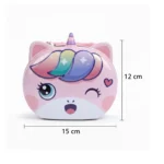 Durable unicorn piggy bank with dimensions for easy size reference.