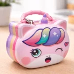Adorable rainbow unicorn money bank with premium finish and secure lock.