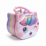Cute unicorn savings bank with handle, lock, and rainbow striped sides.