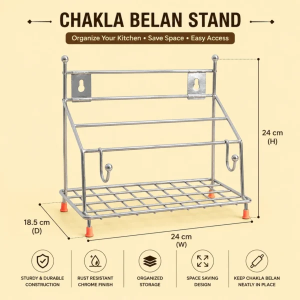 Heavy-duty chakla belan stand with dimensions and compact storage design.