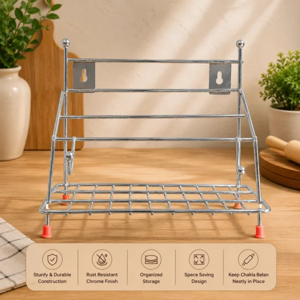 Durable kitchen wall-mounted chakla belan stand holding rolling board and pin.