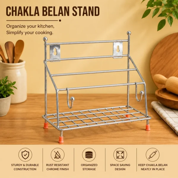 Premium stainless steel chakla belan stand with organized kitchen storage design.