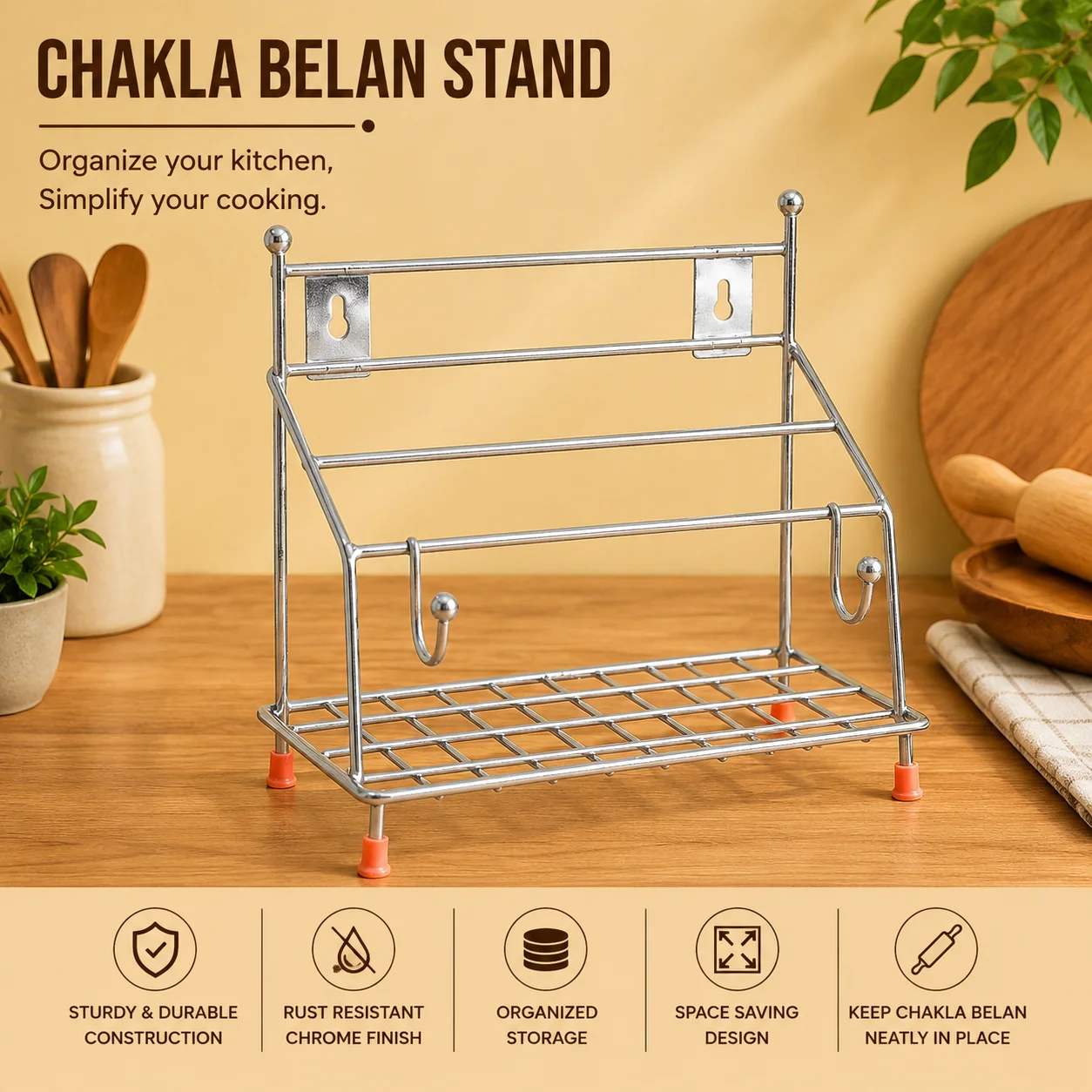 Premium stainless steel chakla belan stand with organized kitchen storage design.
