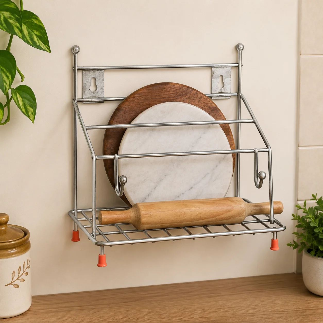 Rust-resistant chrome chakla belan organizer stand for modern kitchen storage.