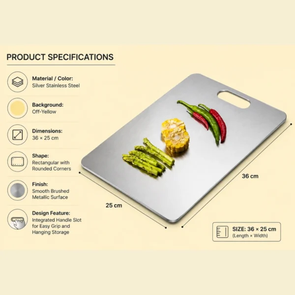 Durable stainless steel cutting board with dimensions, specifications, and brushed metal finish.