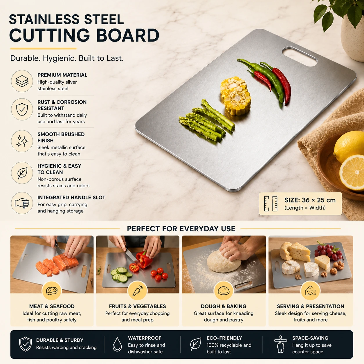 Versatile stainless steel cutting board for meat, vegetables, baking, and serving.