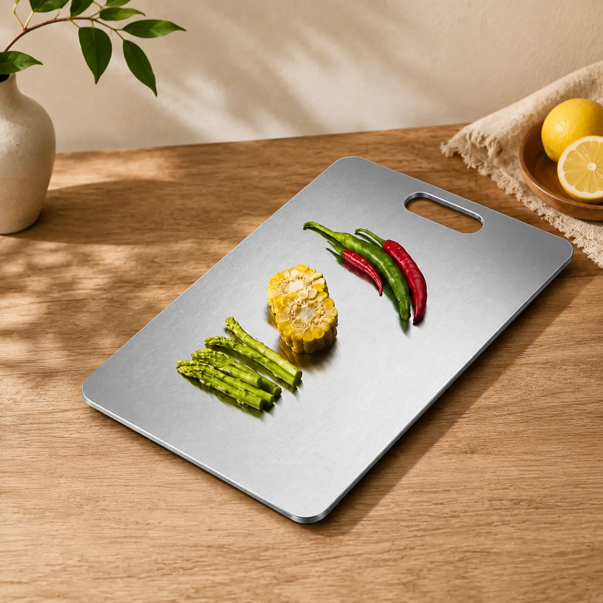 Elegant stainless steel cutting board with fresh vegetables on a wooden kitchen table.
