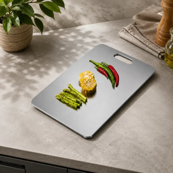Premium stainless steel cutting board with vegetables on a modern kitchen countertop.