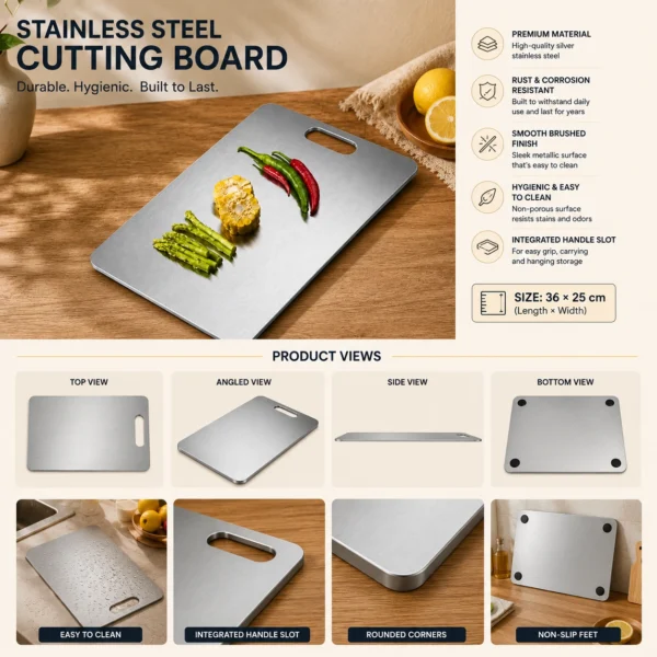 High-quality stainless steel cutting board showcasing multiple views, features, and non-slip design.