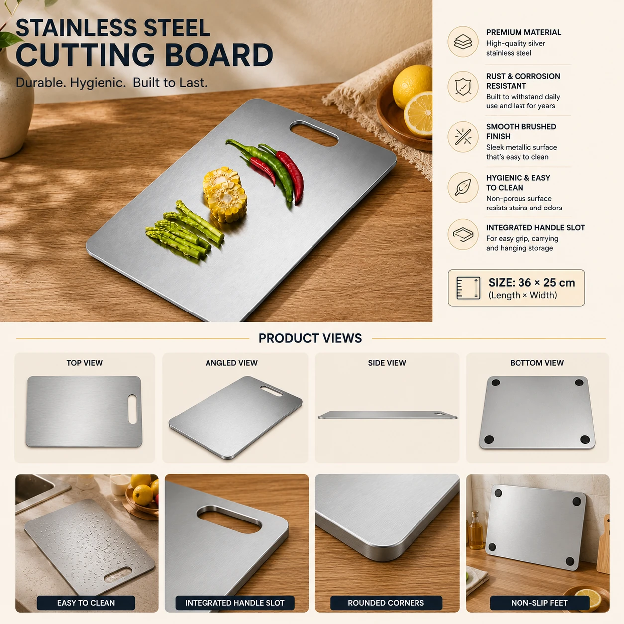 High-quality stainless steel cutting board showcasing multiple views, features, and non-slip design.