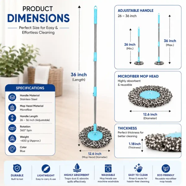 Durable adjustable spin mop with microfiber head, detailed dimensions and cleaning specifications.