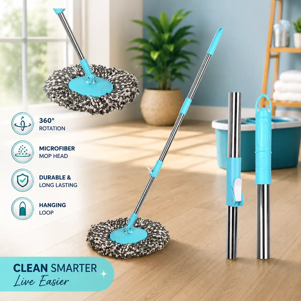 Advanced microfiber spin mop with 360-degree rotation, hanging loop and durable construction.