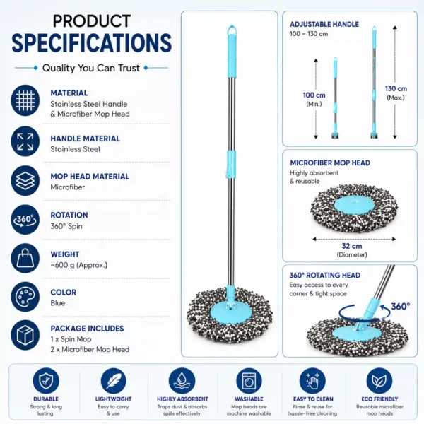 Premium spin mop with stainless steel handle, microfiber head, 360° rotation and reusable design.