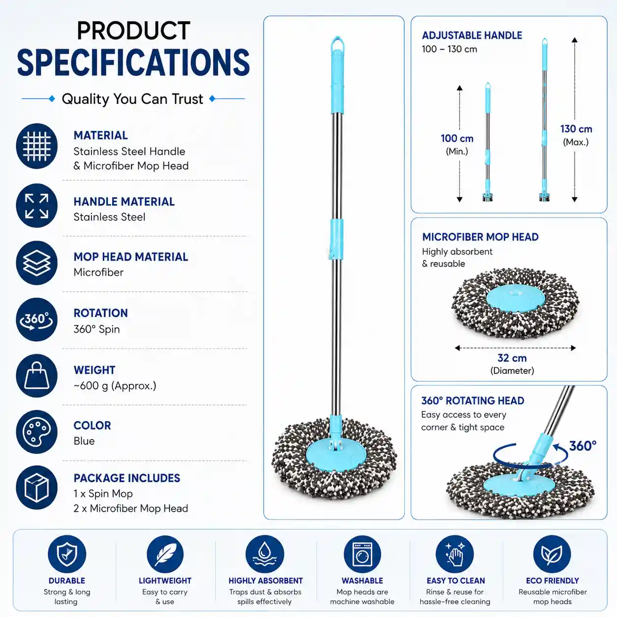 Premium spin mop with stainless steel handle, microfiber head, 360° rotation and reusable design.