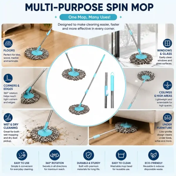 Versatile microfiber spin mop for floors, windows, corners, ceilings and under furniture.