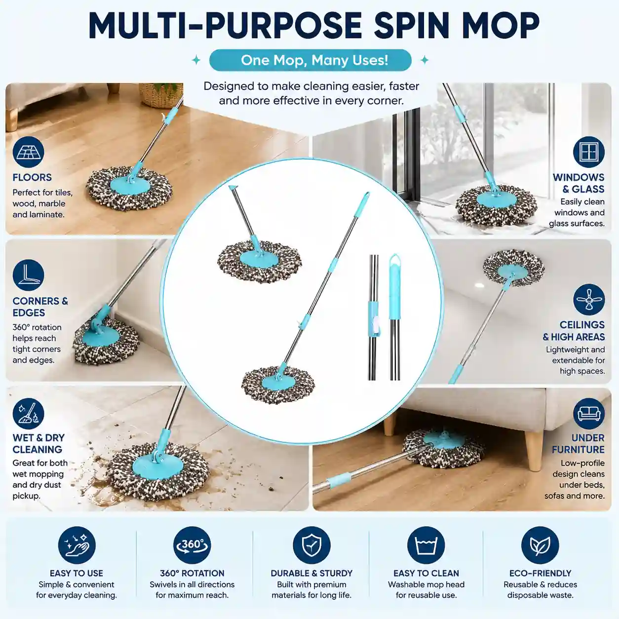 Versatile microfiber spin mop for floors, windows, corners, ceilings and under furniture.