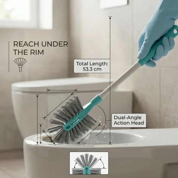 Professional toilet brush showing 53.3 cm length and dual-angle cleaning head.