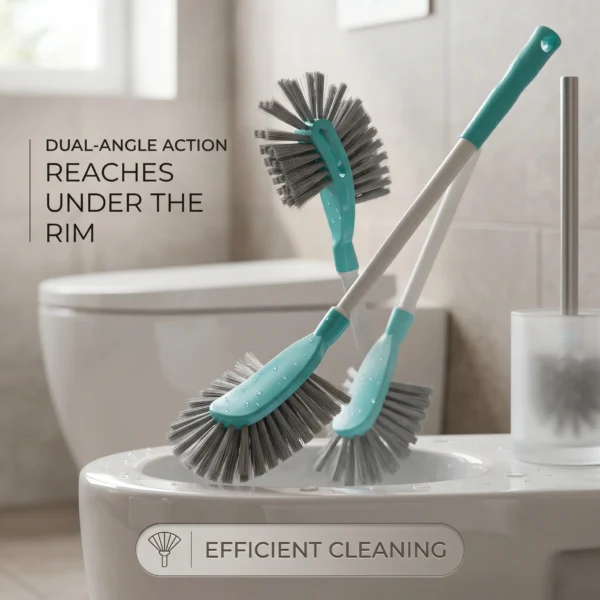 Durable curved toilet brush reaching under rim for thorough bathroom cleaning.