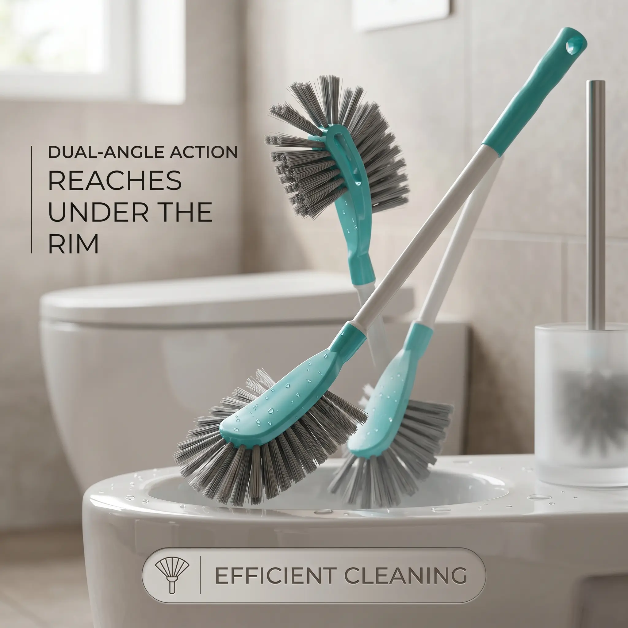 Durable curved toilet brush reaching under rim for thorough bathroom cleaning.