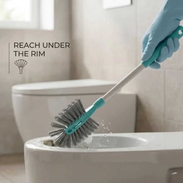Heavy-duty toilet brush cleaning under the rim with flexible angled bristles.