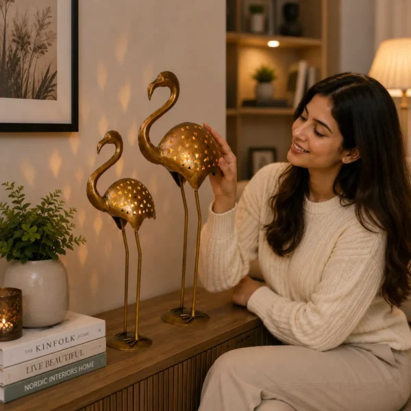 Elegant crane candle holder set with antique finish displayed in modern home décor with woman admiring the decor