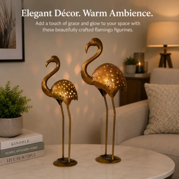 Antique iron crane candle holder set of 2 placed on living room table with warm ambient lighting
