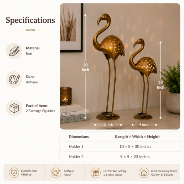 Crane candle holder set of 2 specifications showing iron material antique finish and dimensions for both holders