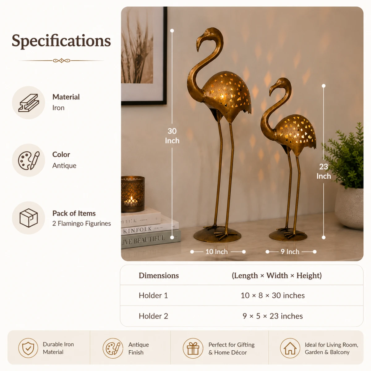 Crane candle holder set of 2 specifications showing iron material antique finish and dimensions for both holders