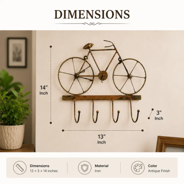 Cycle design key hanger dimensions image showing 13 x 3 x 14 inches size with iron antique finish