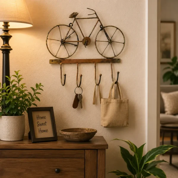 Cycle design iron key hanger mounted on home wall with keys and decorative accessories