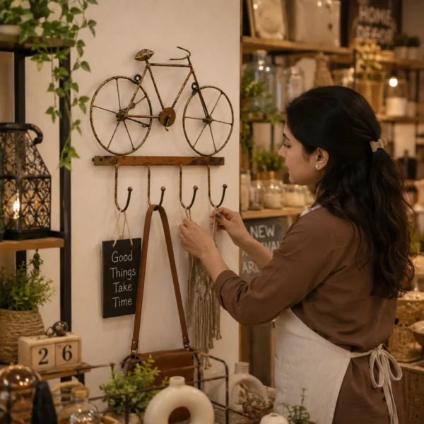 Cycle design wall key hanger displayed in decor shop with woman hanging accessories on hooks
