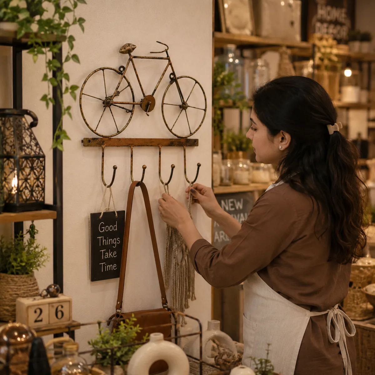 Cycle design wall key hanger displayed in decor shop with woman hanging accessories on hooks