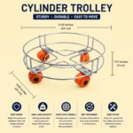 Durable cylinder trolley with dimensions, sturdy frame and smooth 360-degree wheels.