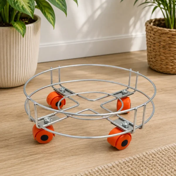 Heavy-duty gas cylinder trolley with smooth wheels on wooden floor surface.