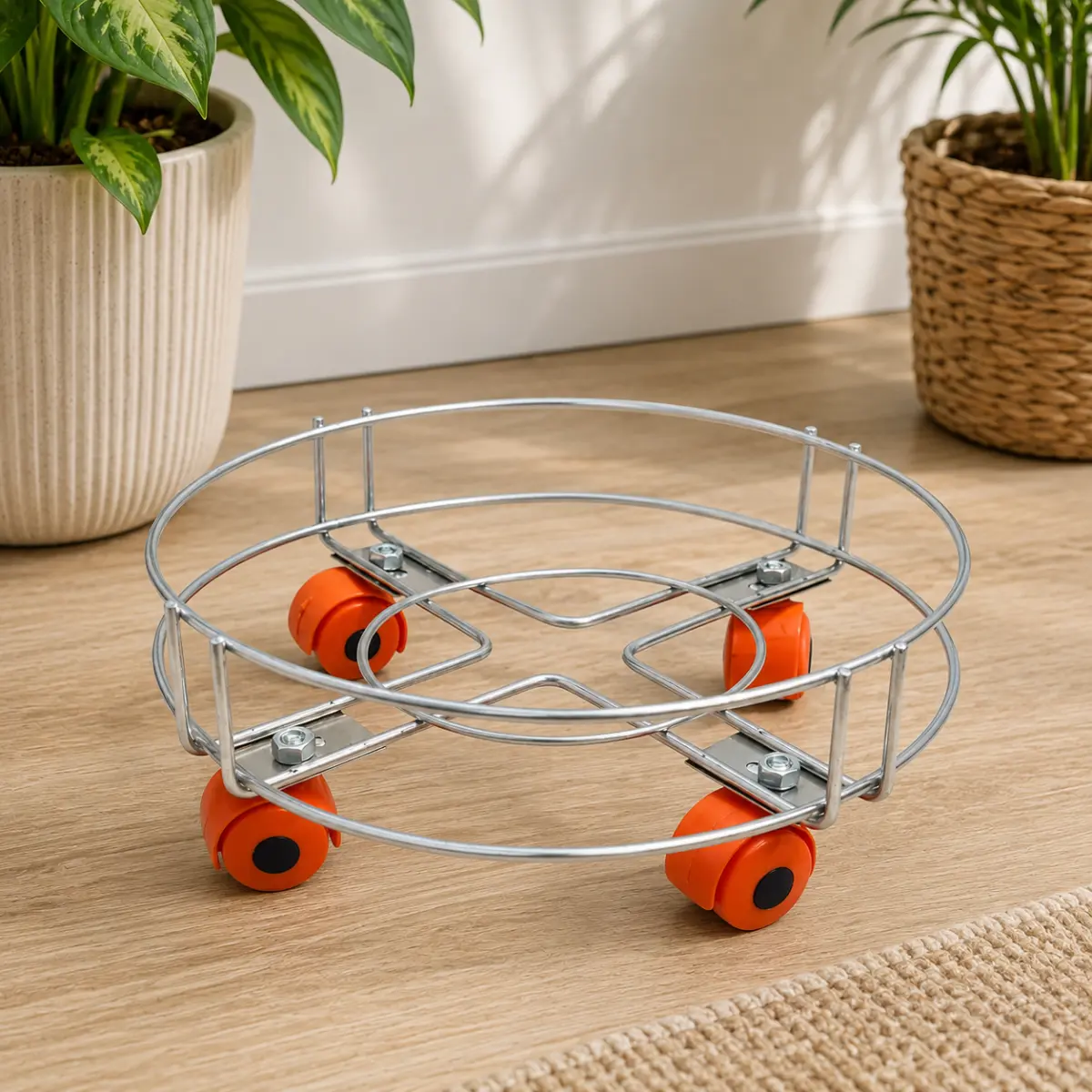 Heavy-duty gas cylinder trolley with smooth wheels on wooden floor surface.