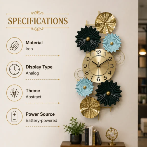 Decorative vertical iron wall clock specifications showing iron material analog display abstract theme and battery powered design