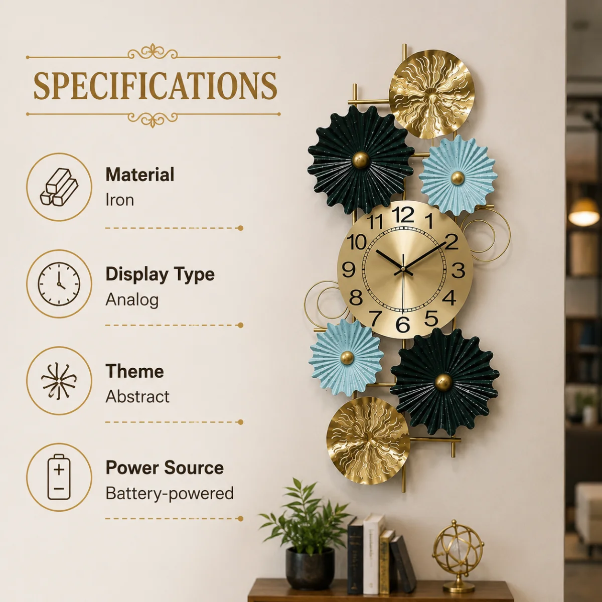 Decorative vertical iron wall clock specifications showing iron material analog display abstract theme and battery powered design