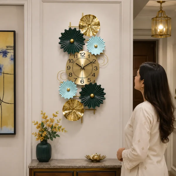 Decorative vertical iron wall clock mounted on hall wall with woman checking time in modern home interior