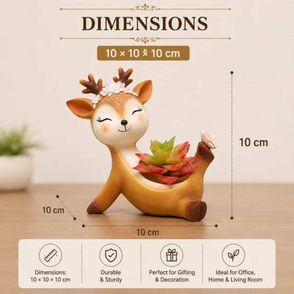 Deer dancing resin planter dimensions image showing 10 x 10 x 10 cm size with glazed finish and drainage hole design
