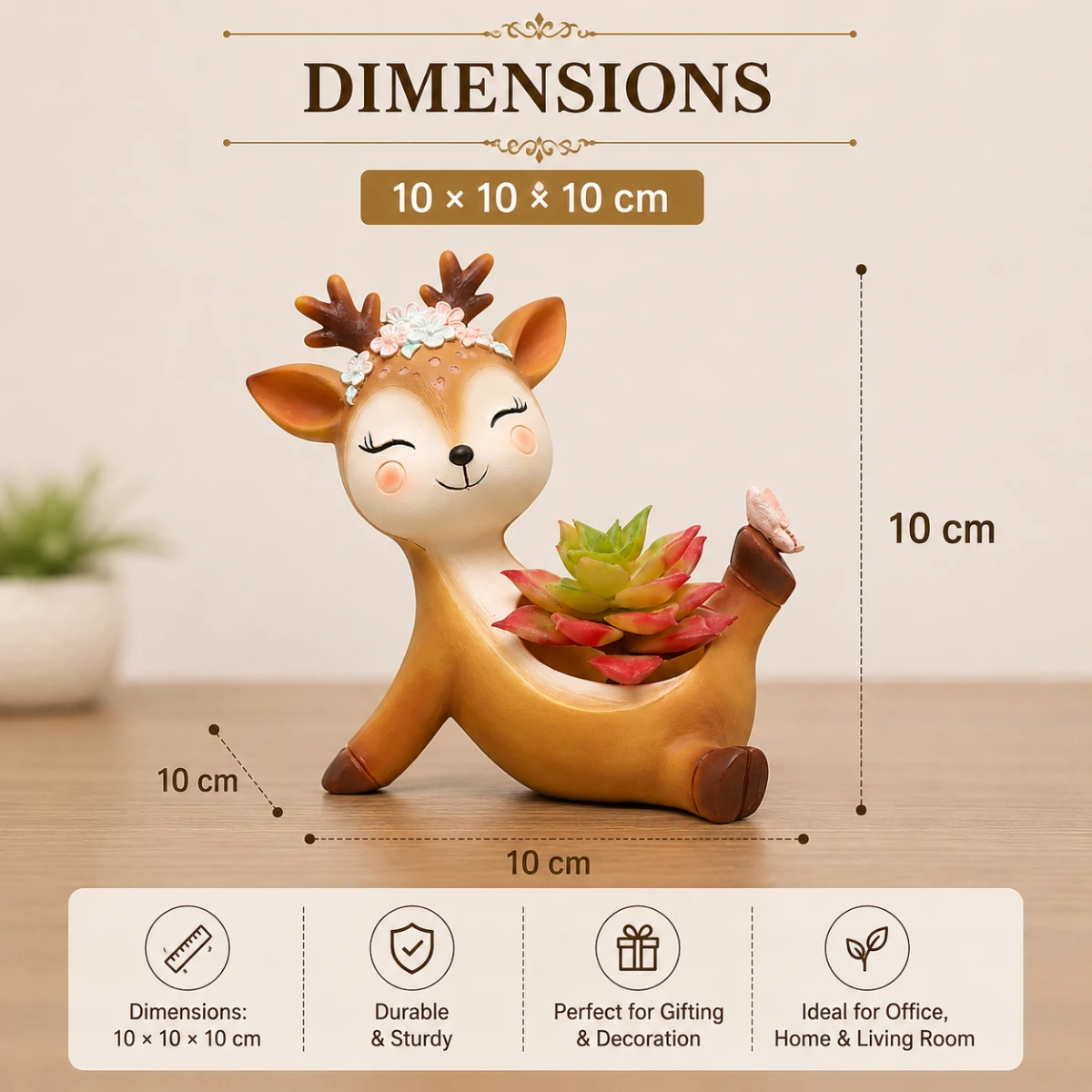 Deer dancing resin planter dimensions image showing 10 x 10 x 10 cm size with glazed finish and drainage hole design