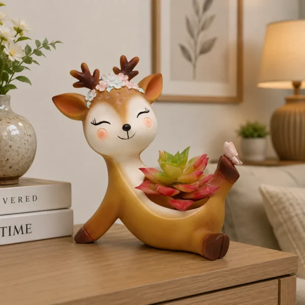 Deer dancing resin planter displayed on home table with succulent plant for elegant indoor decor