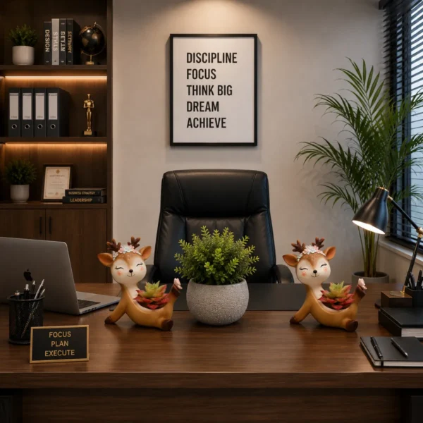 Cute deer dancing planter placed on modern office desk with decorative indoor plant