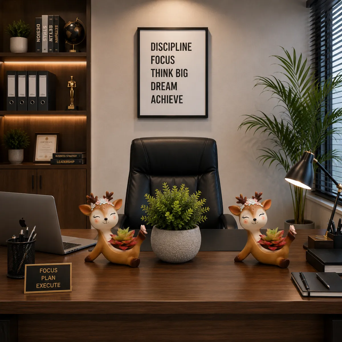 Cute deer dancing planter placed on modern office desk with decorative indoor plant