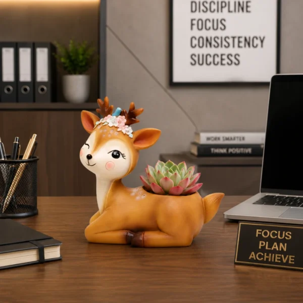 Deer resin decorative flower planter displayed on office desk with elegant workspace décor