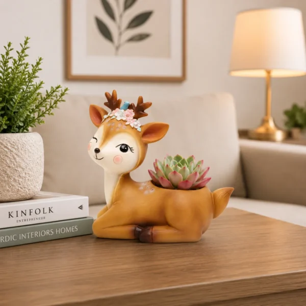Cute deer resin decorative flower planter placed on home table with succulent plant for modern indoor décor
