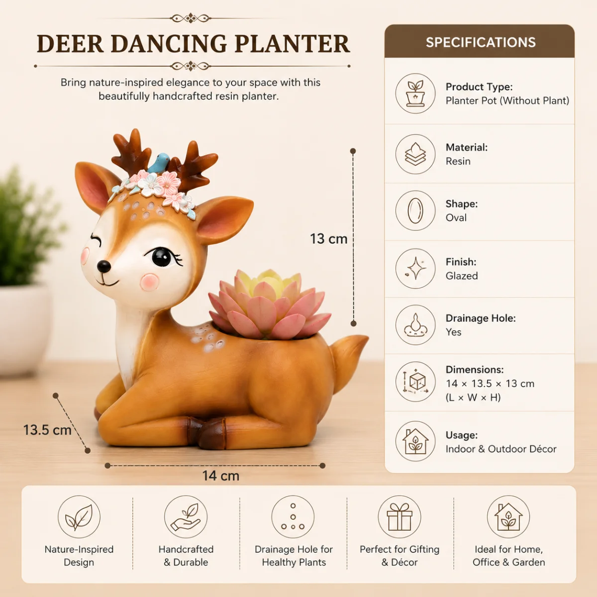 Deer resin decorative flower planter dimensions image showing 14 x 13.5 x 13 cm size for indoor and outdoor decor