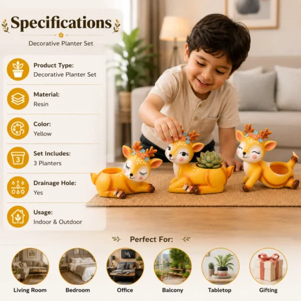 Deer shape planter set of 3 specifications showing resin material yellow color and drainage hole design for indoor outdoor use