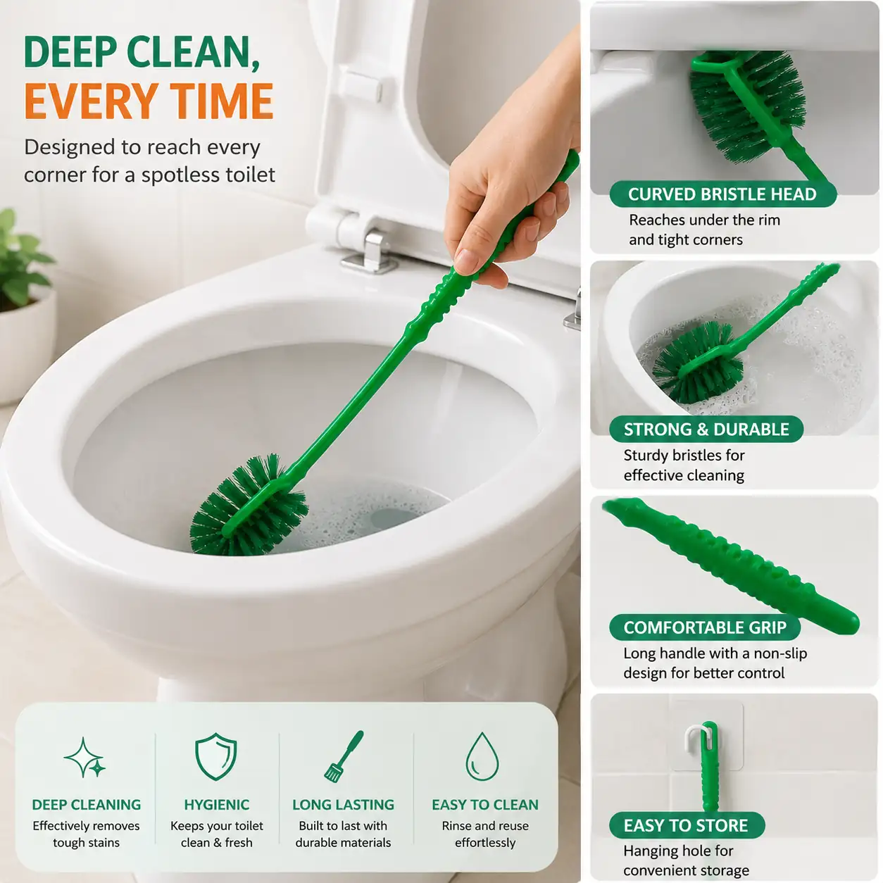 Heavy-duty toilet cleaning brushes with curved heads and non-slip ergonomic handles.