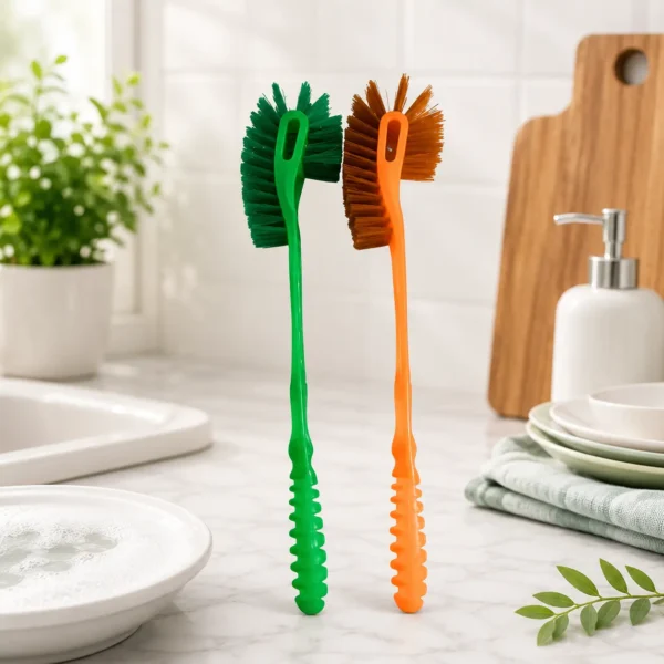Heavy-duty toilet cleaning brushes with curved heads and non-slip ergonomic handles.